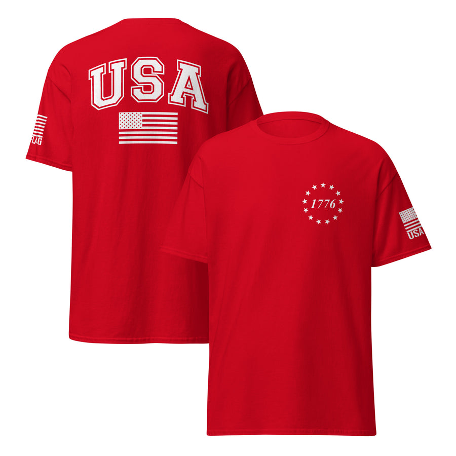 USA Flag All-White College Font T-Shirts | Unisex Classic Tees | Gildan 5000