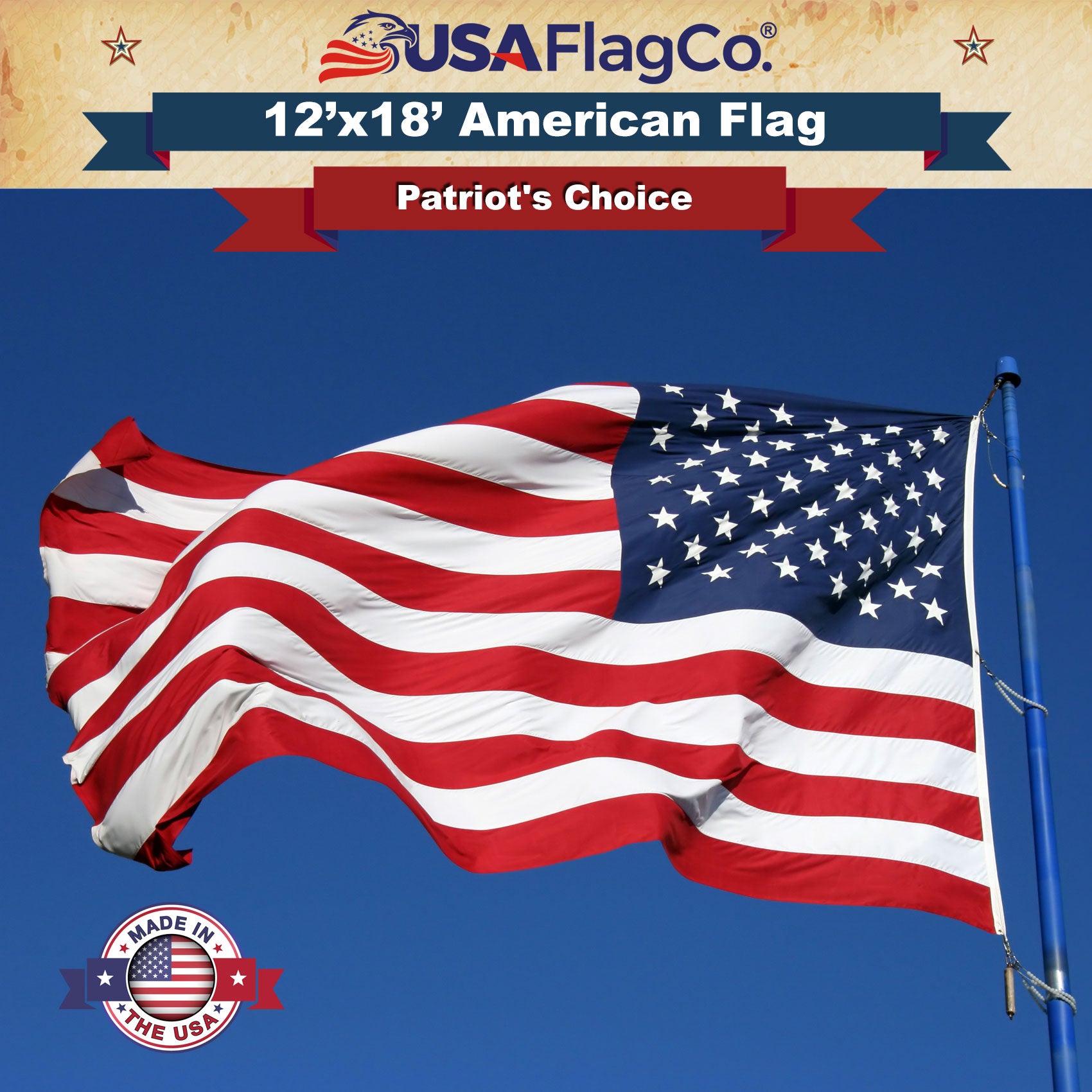 Premium 12x18 ft Nylon American Flag flying majestically outdoors.