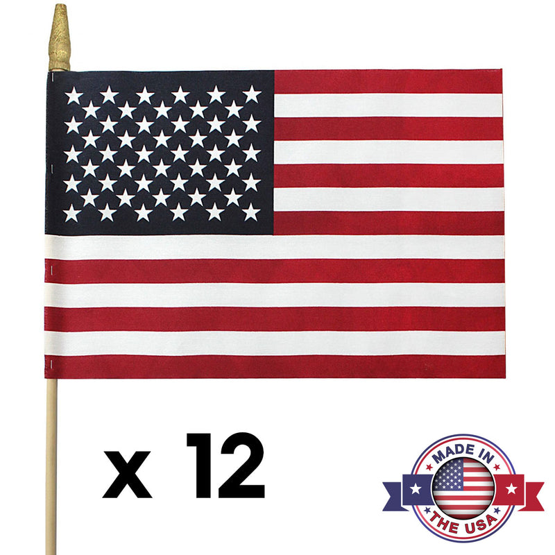 Stick Flags 12x18 Inch (Made in the USA) - 3/8"x30" Dowel - Flattened Spearhead Tip for Safety (12 stick flags)