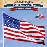 Large 12x18 ft American Flag proudly displayed, showing sewn stripes and embroidered stars.