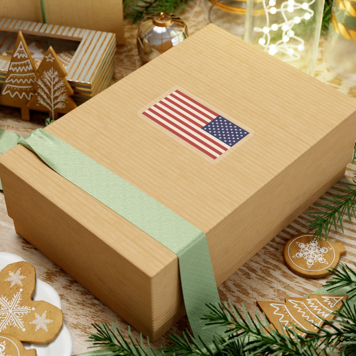 Gift box with American flag sticker on a festive table with cookies and decorations
