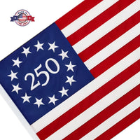 Betsy Ross 250th Anniversary Flag with '250' and star design, featuring 'Made in the USA' label.