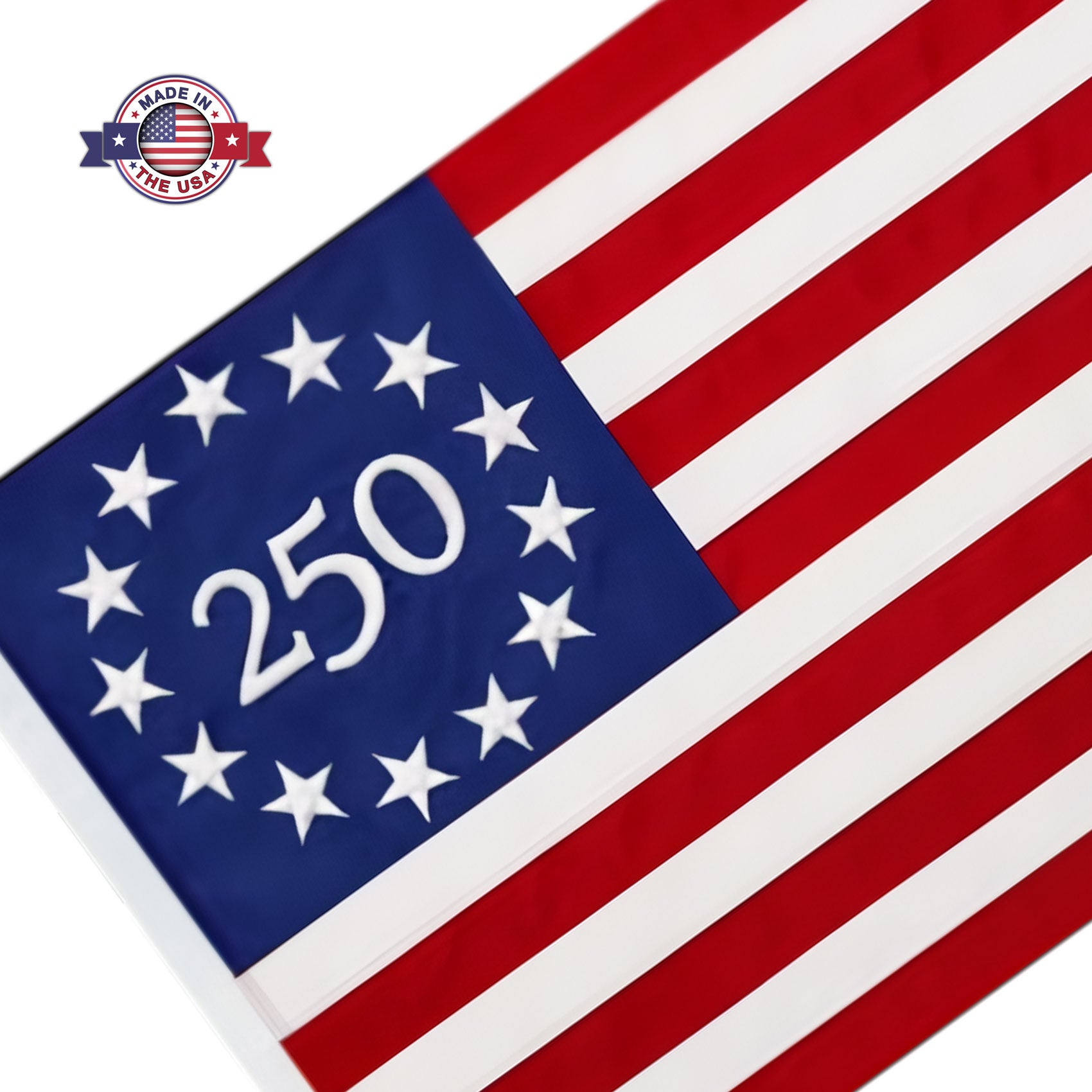 Betsy Ross 250th Anniversary Flag with '250' and star design, featuring 'Made in the USA' label.