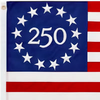 Betsy Ross 250th Anniversary Flag with '250' in the center surrounded by stars on a blue, white, and red background