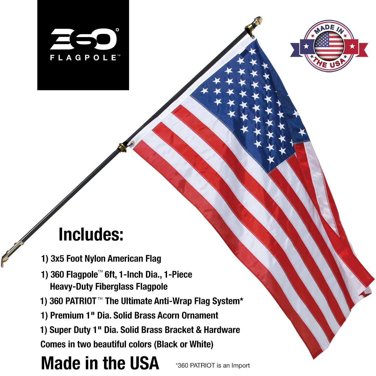 American flag on a flagpole with ESO Flagpole branding and product details.