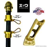 Gold flagpole spinner with 360-degree rotation feature and ESO Flagpole branding.