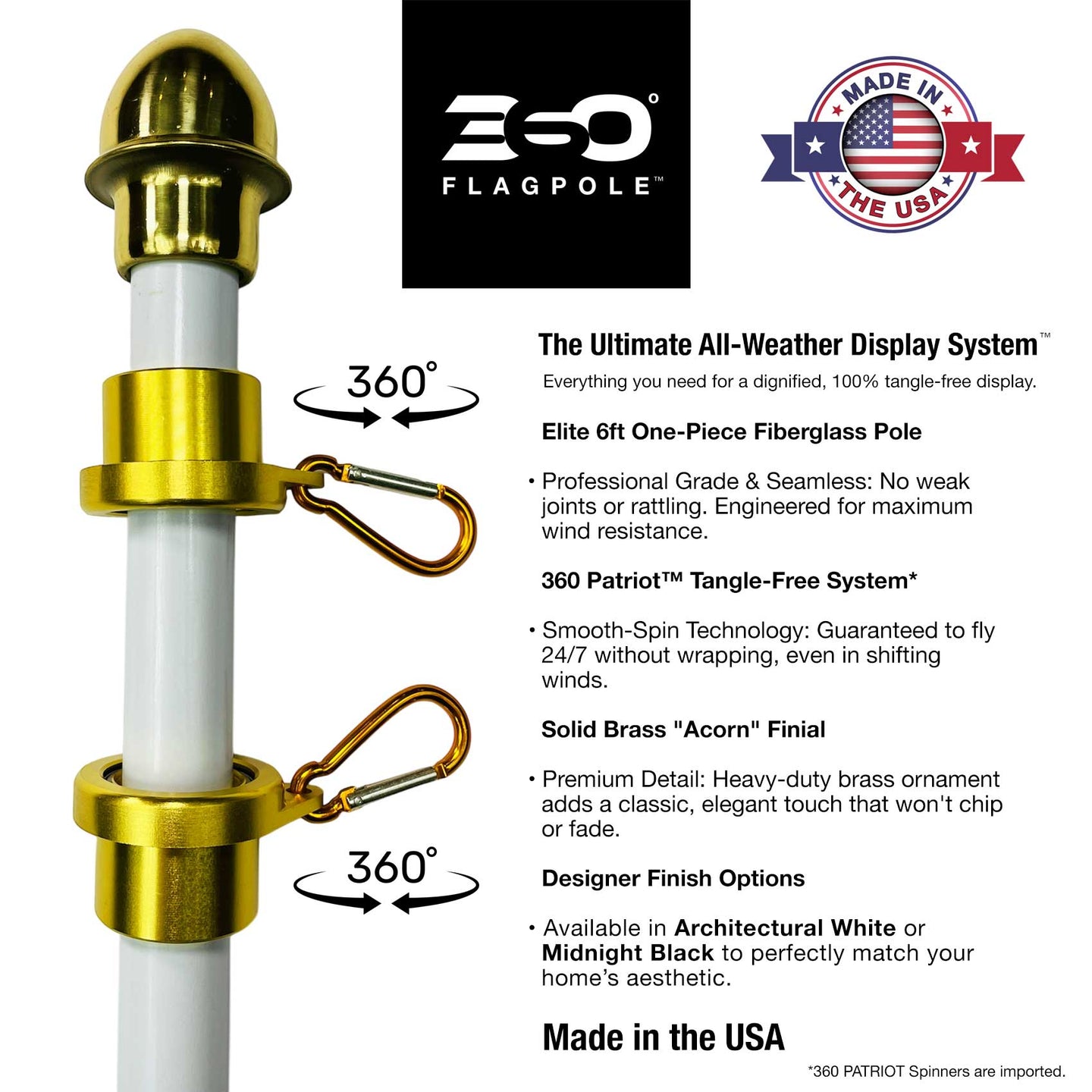 Flagpole with gold finial and branding information on a white background