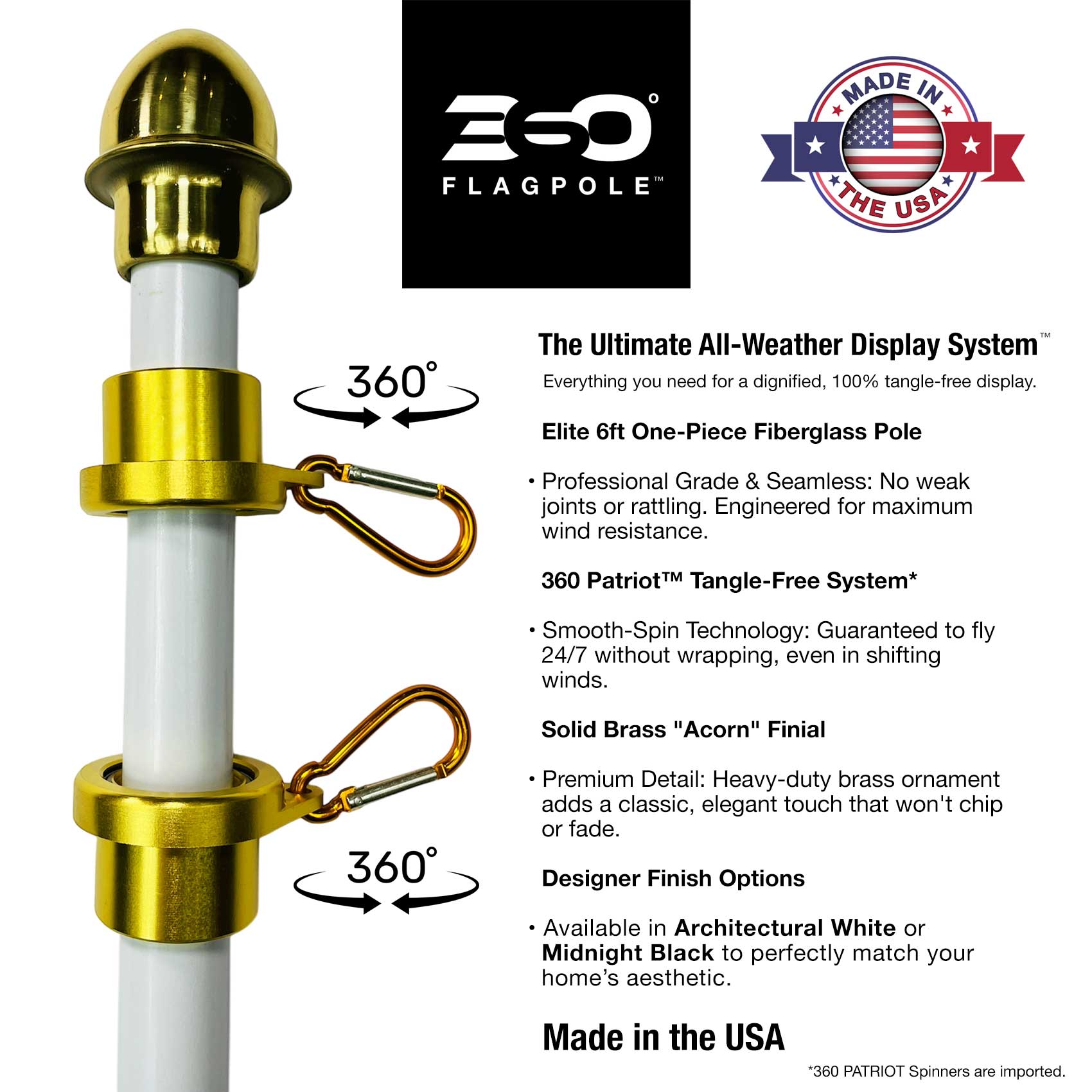 Flagpole with gold finial and branding information on a white background
