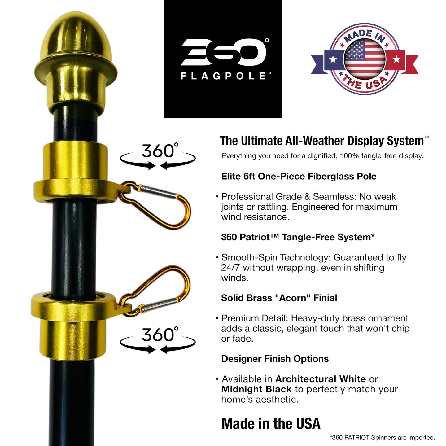 Eso flagpole with gold finial and branding, featuring text about product features.