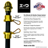 Eso flagpole with gold finial and branding, featuring text about product features.