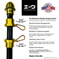 Eso flagpole with gold finial and branding, featuring text about product features.