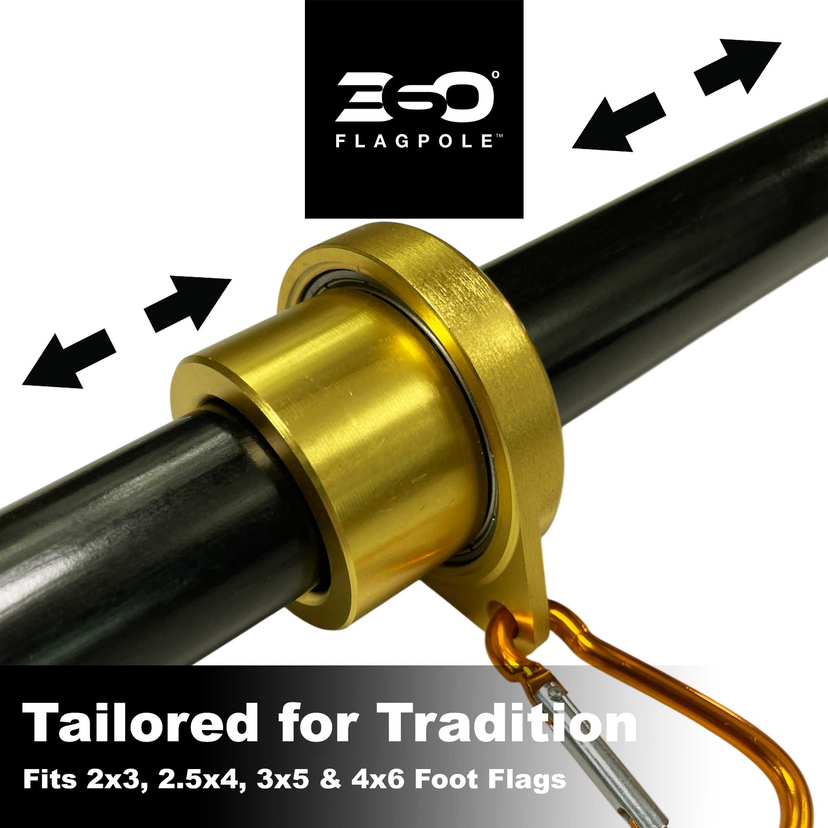 Flagpole with gold fitting and ESO logo, text 'Tailored for Tradition' and flag size information.