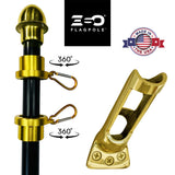 Gold flagpole hardware with 360-degree rotation feature, ESO logo, and 'Made in the USA' badge on a white background.