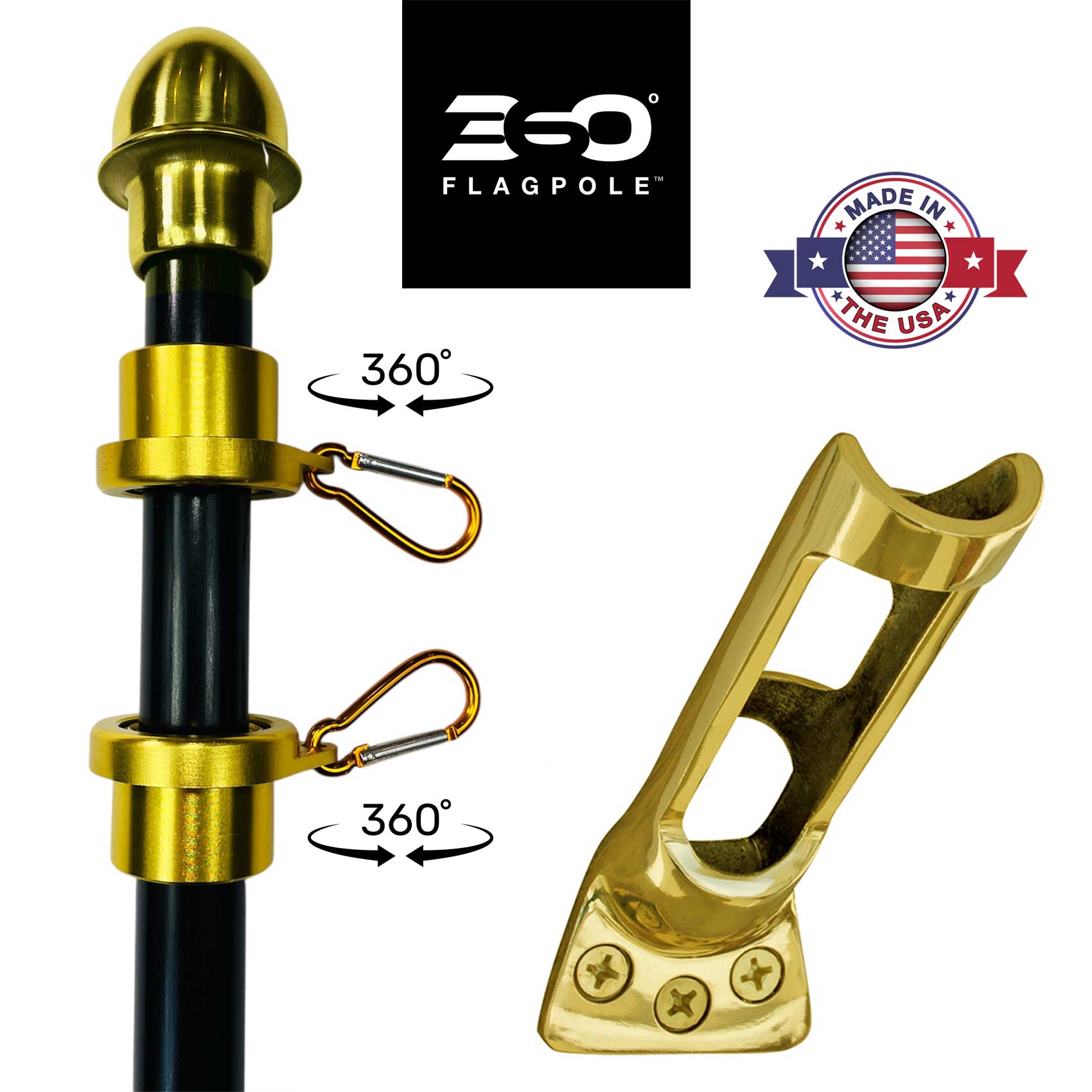 Gold flagpole hardware with 360-degree rotation feature, ESO logo, and 'Made in the USA' badge on a white background.