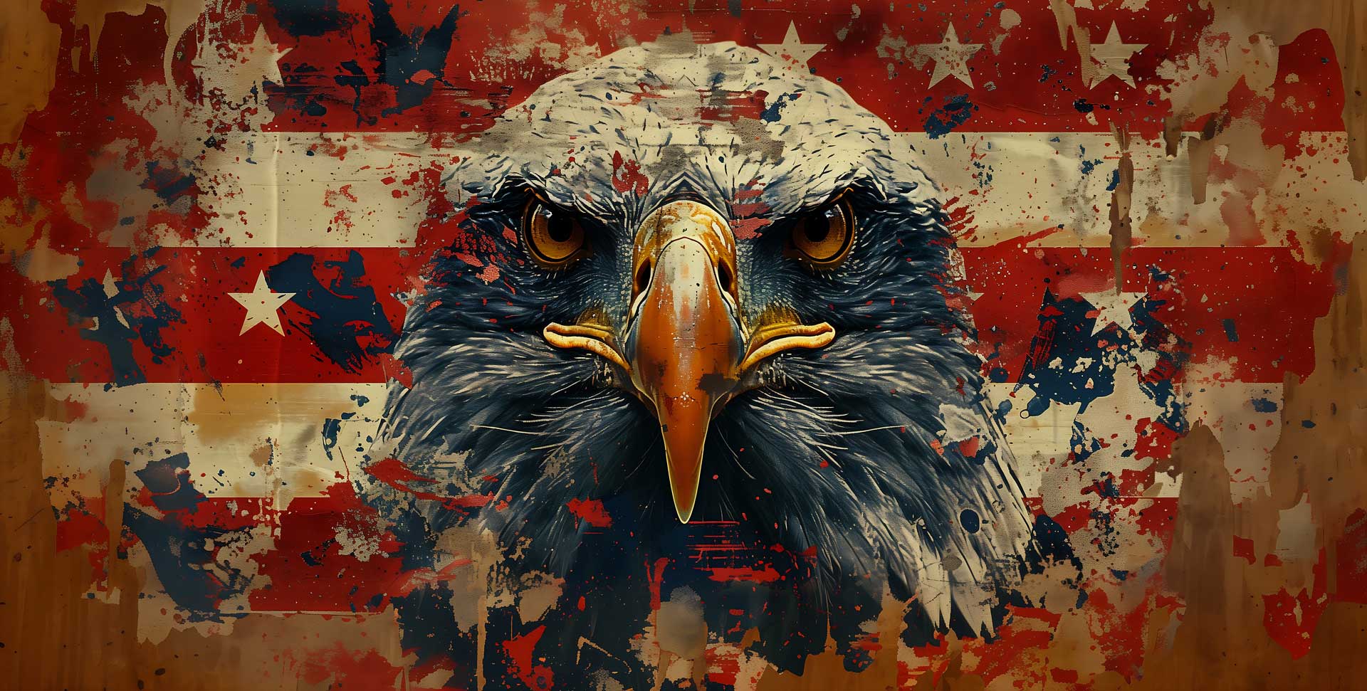 Eagle's face with a distressed American flag background