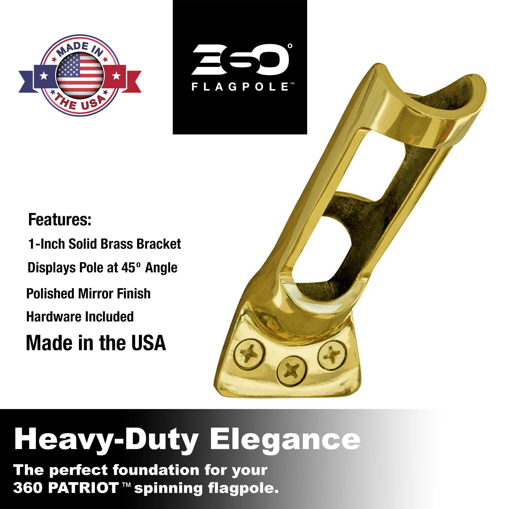 Gold flagpole bracket with features listed on a white background, including 'Made in the USA' label.