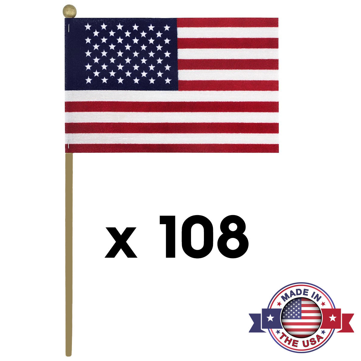 American flag on a stick with 'Made in the USA' badge, quantity '108' displayed.