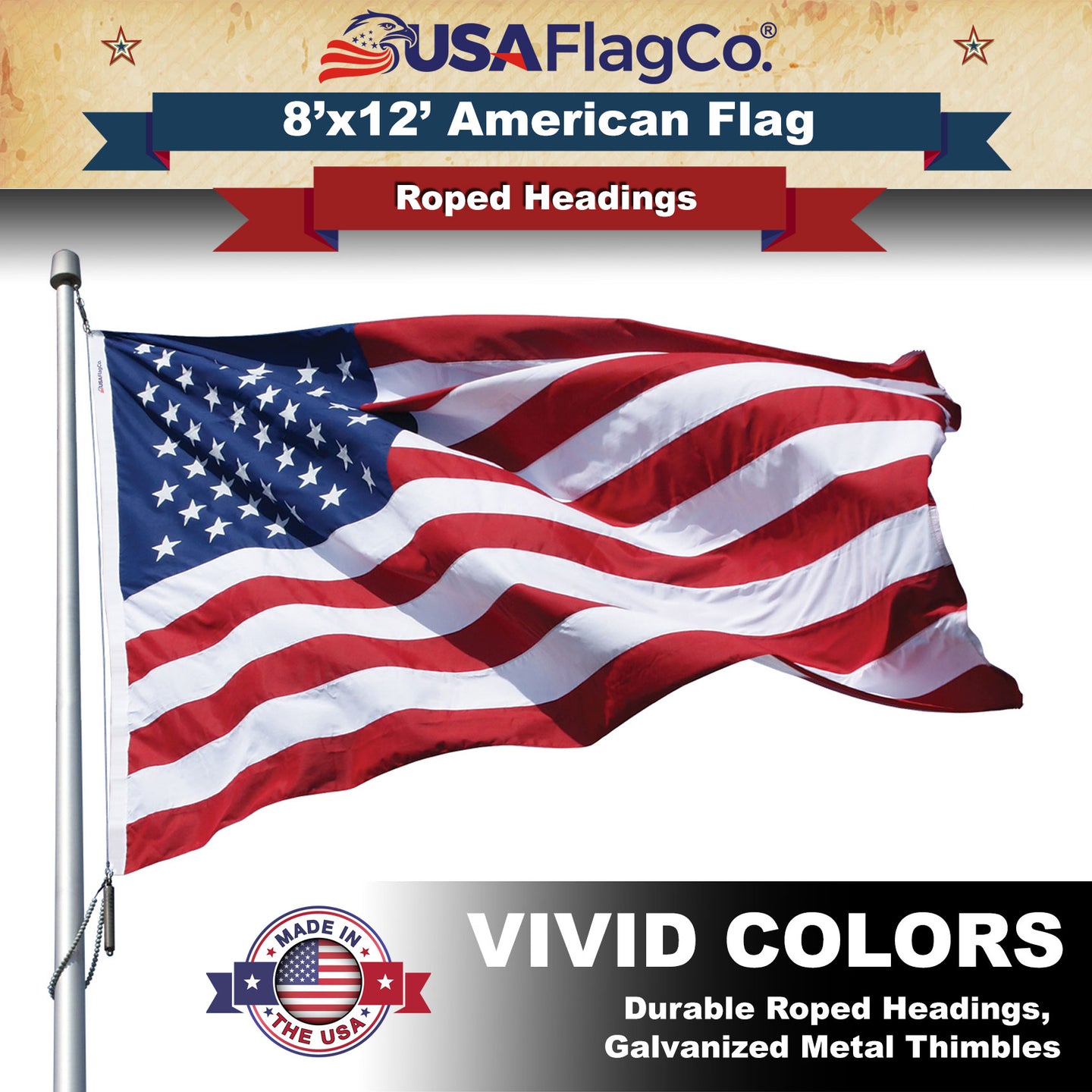 8x12 American flag with strong canvas heading and thimbles