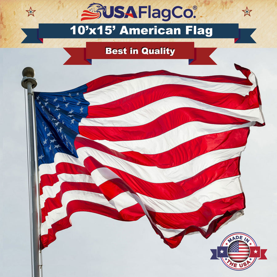 10x15 ft Nylon American Flag flying outdoors - Made in USA