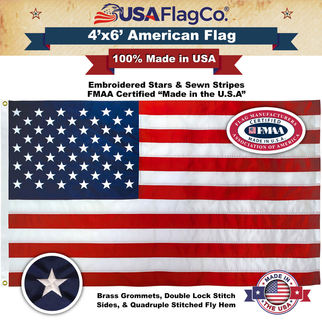 US Flag (4x6 foot) Embroidered Stars & Sewn Stripes - USA Flag Co.