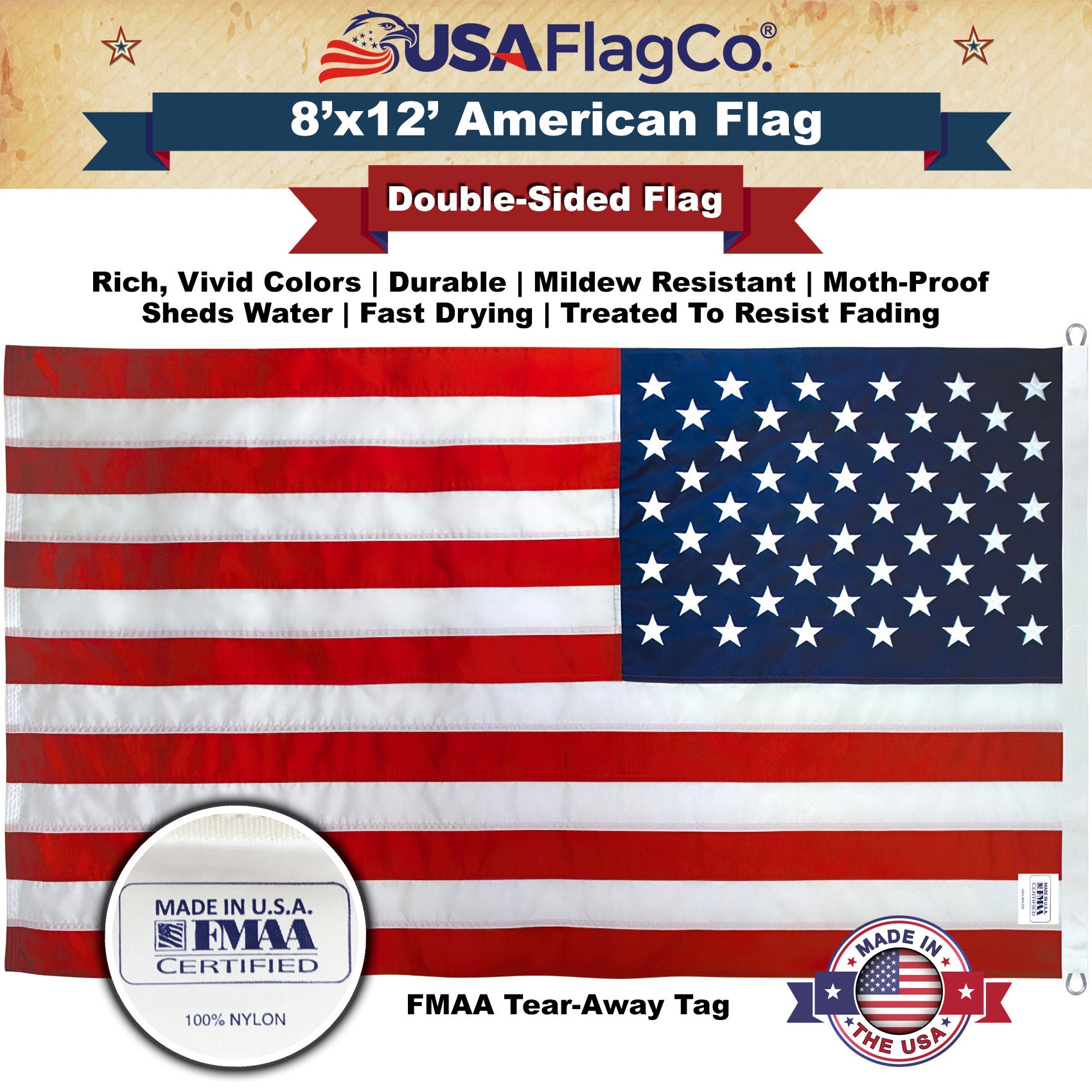 8x12 ft American Flag | Embroidered Stars & Sewn Stripes – USA