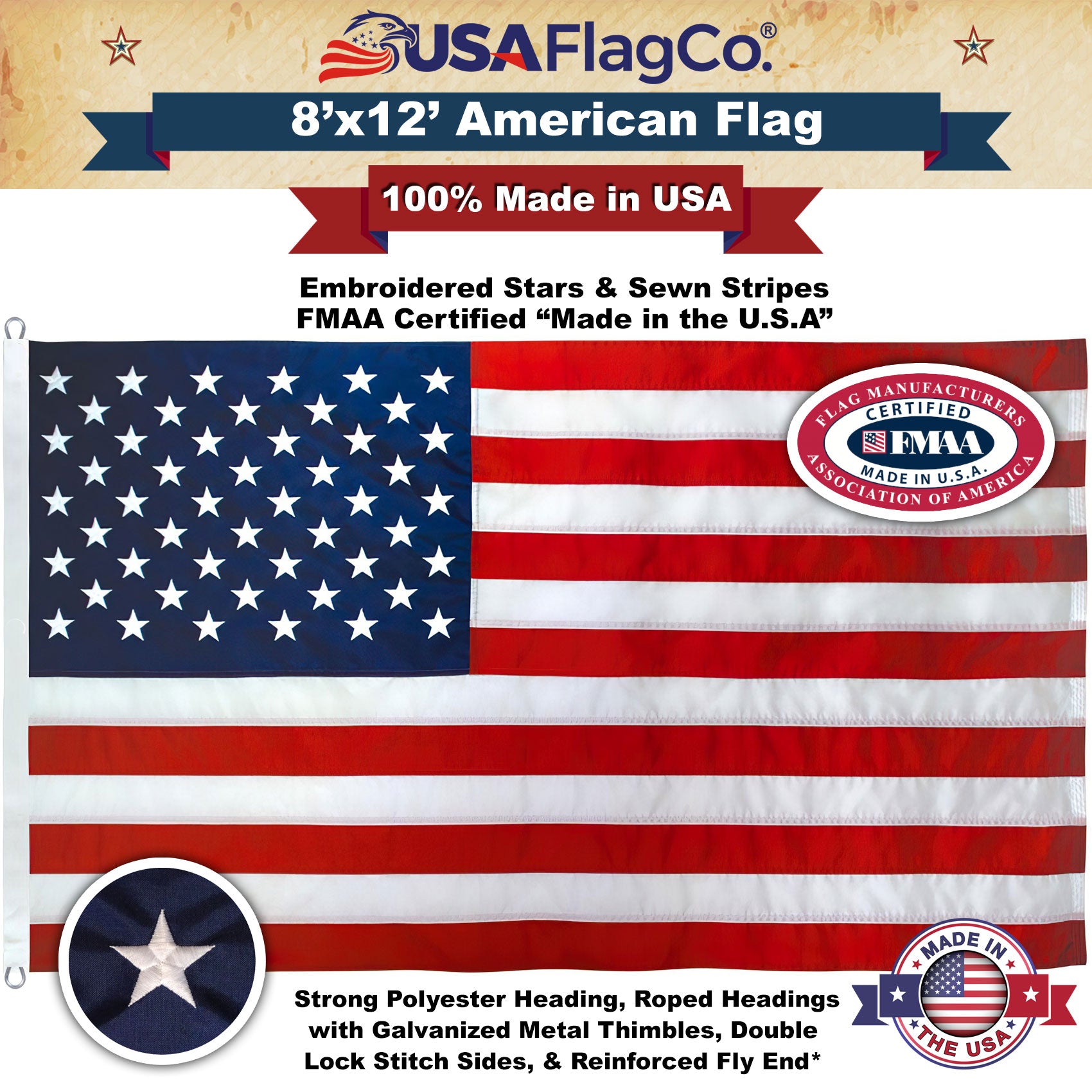 8x12 ft American Flag | Embroidered Stars & Sewn Stripes – USA
