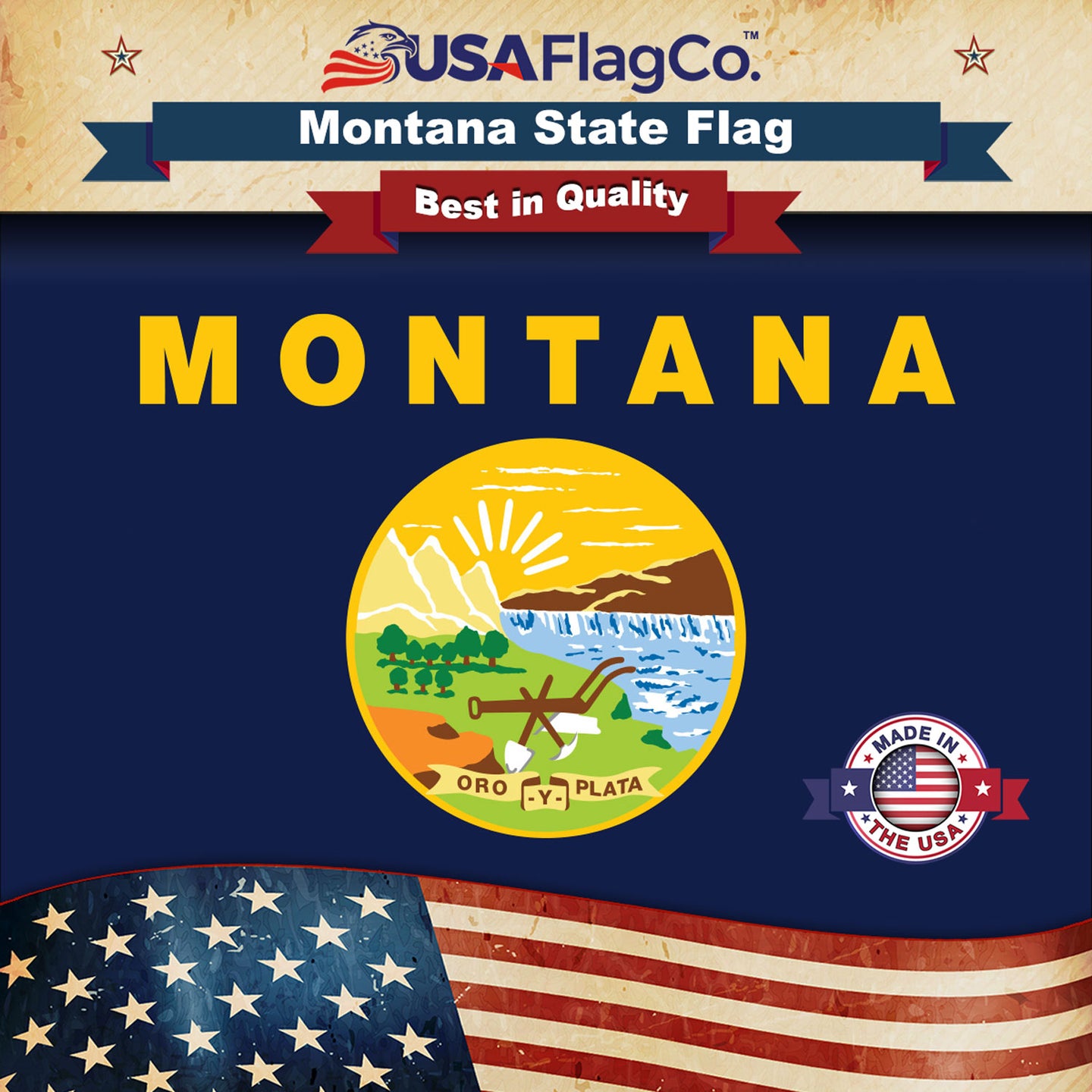 Montana state flag with USAFlagCo branding and 'Made in the USA' label.