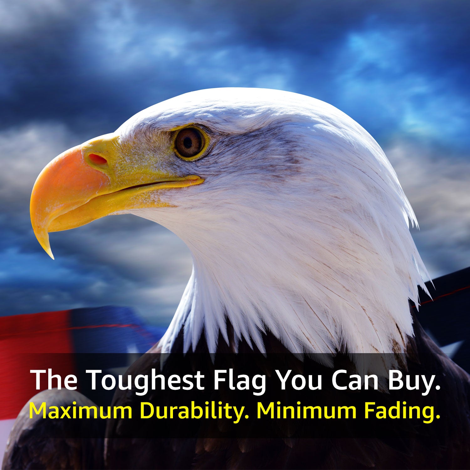 Bald eagle with text about a durable flag against a cloudy sky