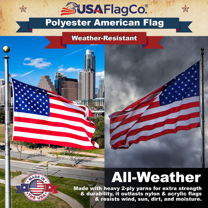All-weather 8x12 US flag made from long-lasting 2-ply polyester.