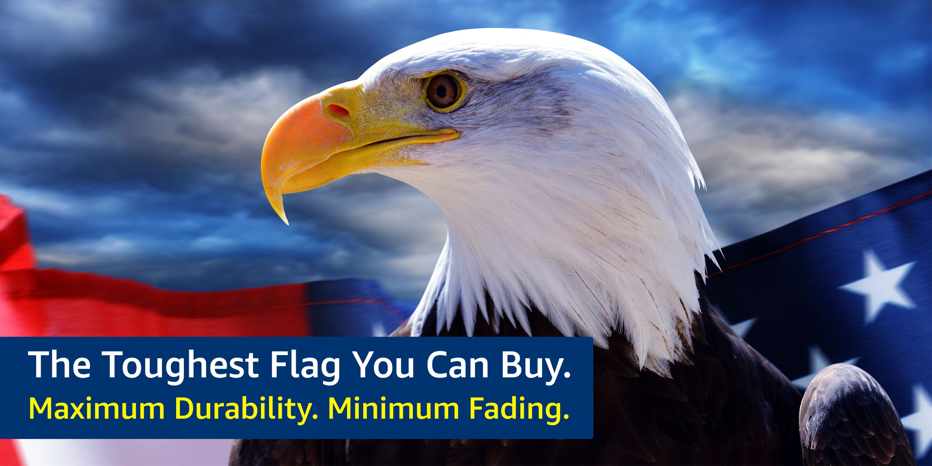 Bald eagle in front of an American flag with text about durability.