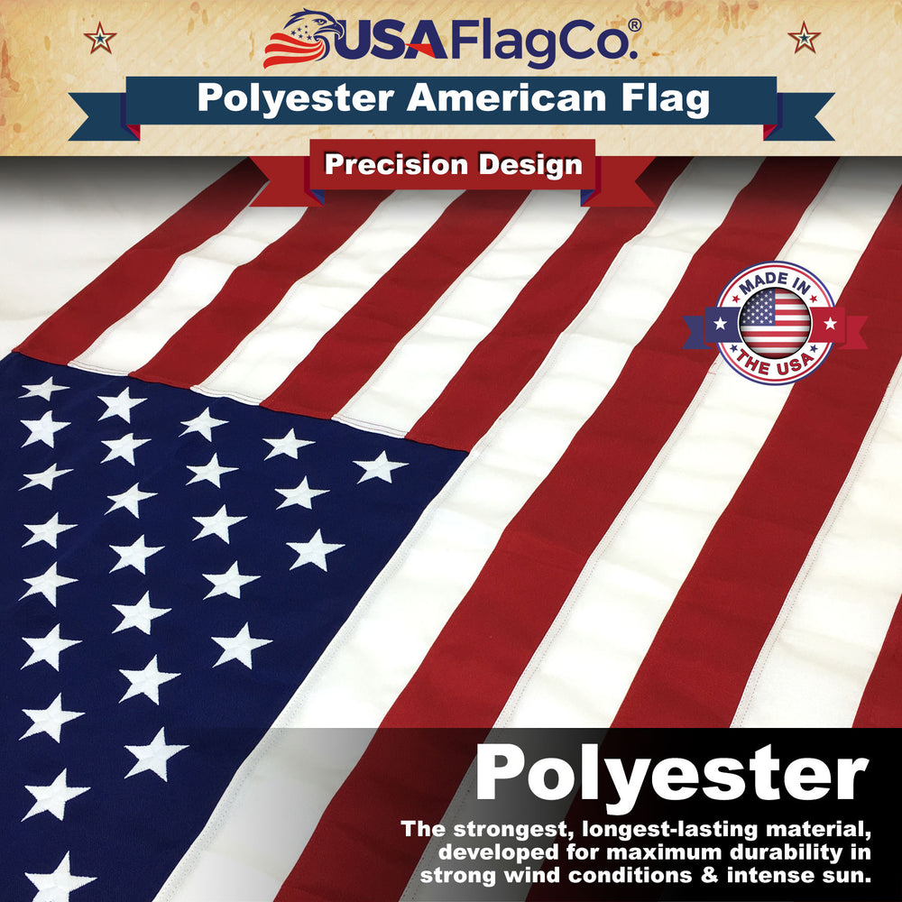 Close-up of densely embroidered stars on heavy-duty 8x12 polyester US flag.