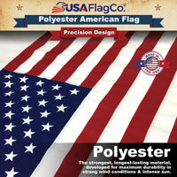 Close-up of densely embroidered stars on heavy-duty polyester US flag.