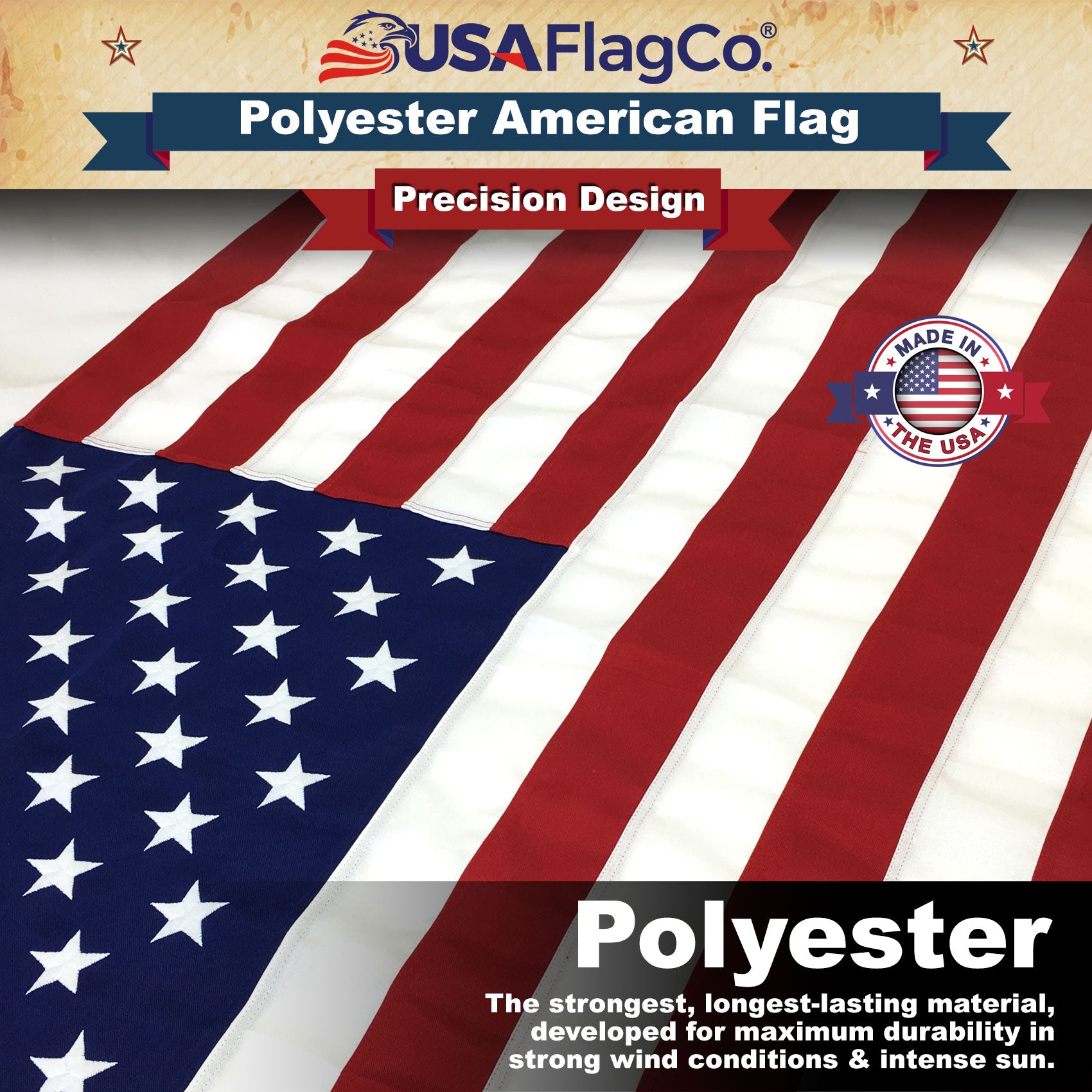 Close-up of densely embroidered stars on heavy-duty polyester US flag.