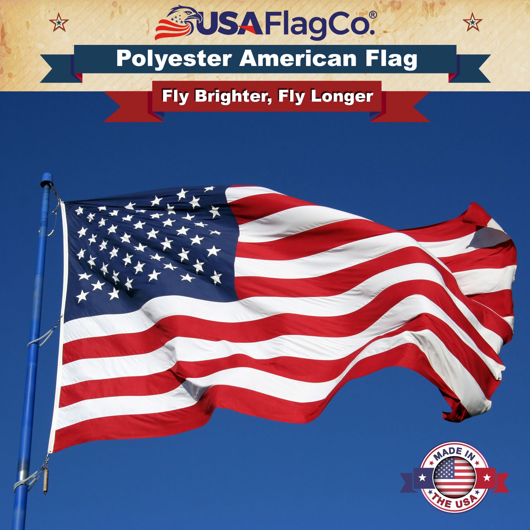 Large 8x12, 10x15 and 12x18 ft polyester US flag for commercial business or institutional display.