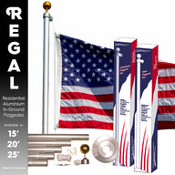 Regal residential aluminum in-ground flag pole kit with American flag and packaging on a white background.