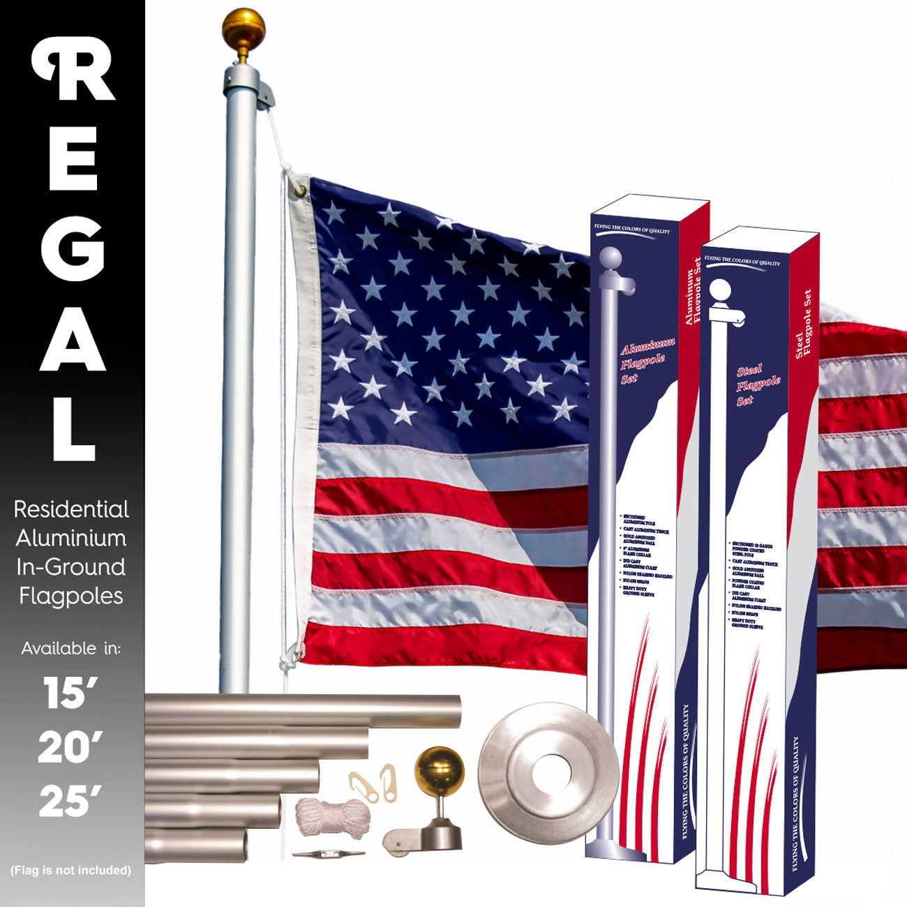 Regal residential aluminum in-ground flag pole kit with American flag and packaging on a white background.