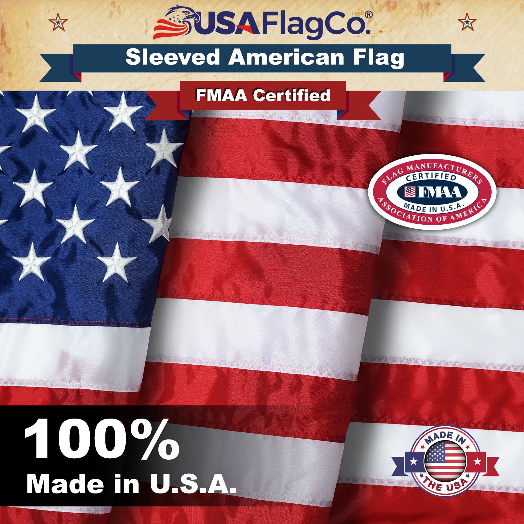 USA Flag Co. 2.5x4 Sleeved American Flag - Embroidered Stars & Sewn Stripes - Made in the USA (2.5x4 Foot) USA Flag Co. 2.5x4 Sleeved American Flag - Embroidered Stars & Sewn Stripes - Made in the USA (2.5x4 Foot)