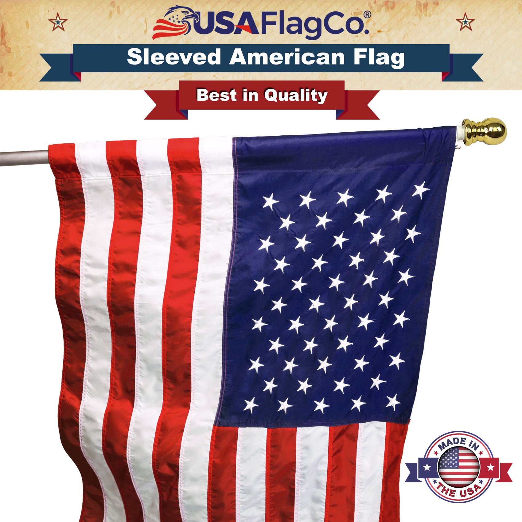 USA Flag Co. 2.5x4 Sleeved American Flag - Embroidered Stars & Sewn Stripes
