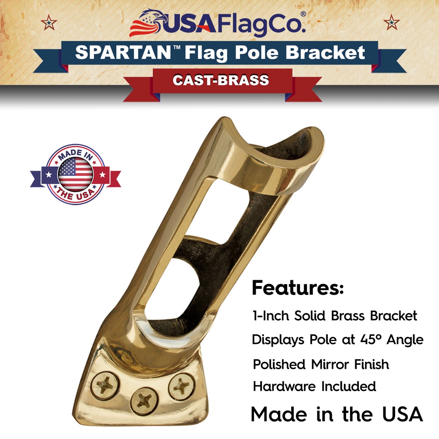 USA Flag Co. SPARTAN™ Solid Brass Flag Pole Bracket: Unyielding Elegance for Your Flag Display