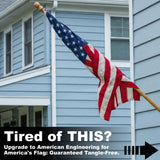 American flag on a pole in front of a blue house with text about flag engineering.