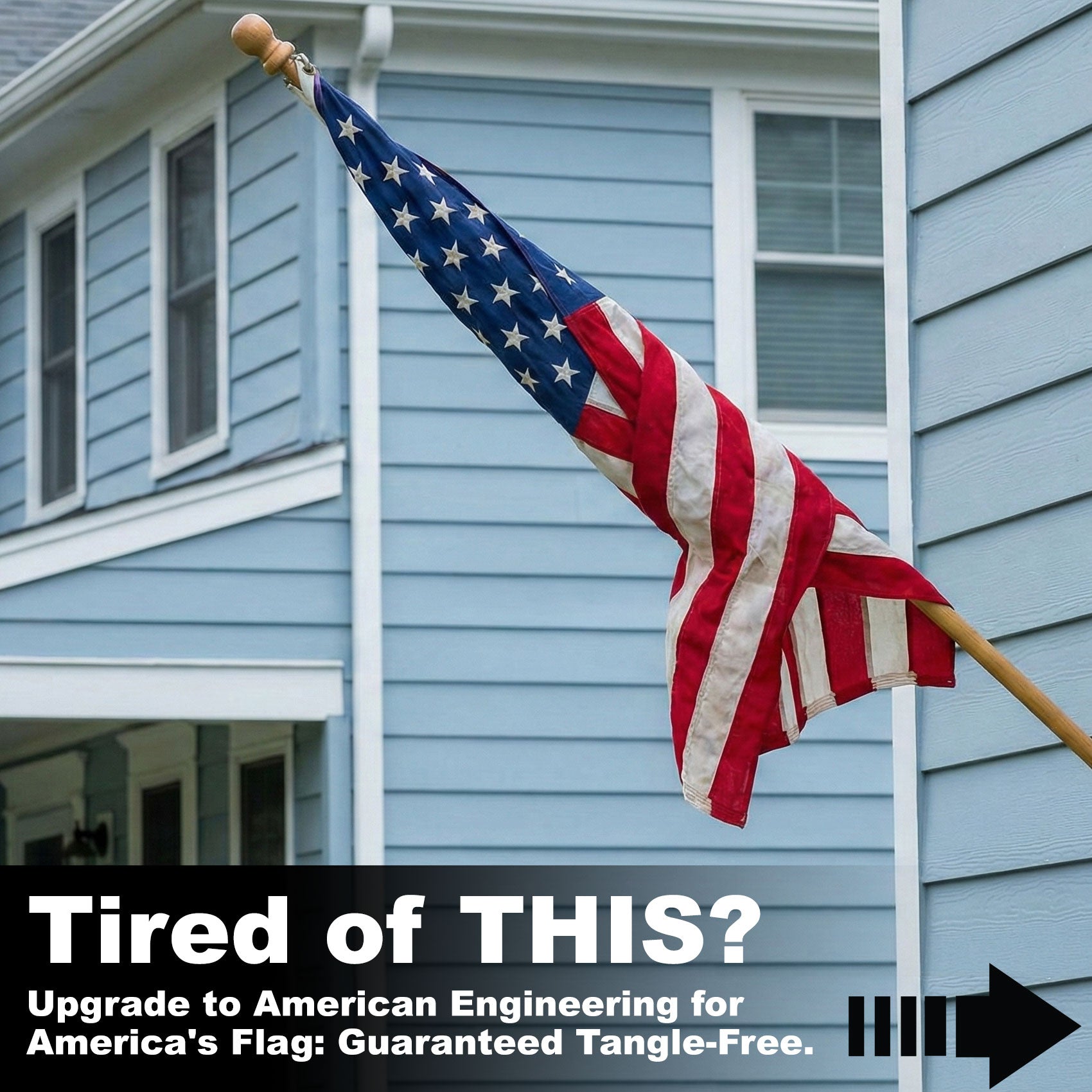 American flag on a pole in front of a blue house with text about flag engineering.
