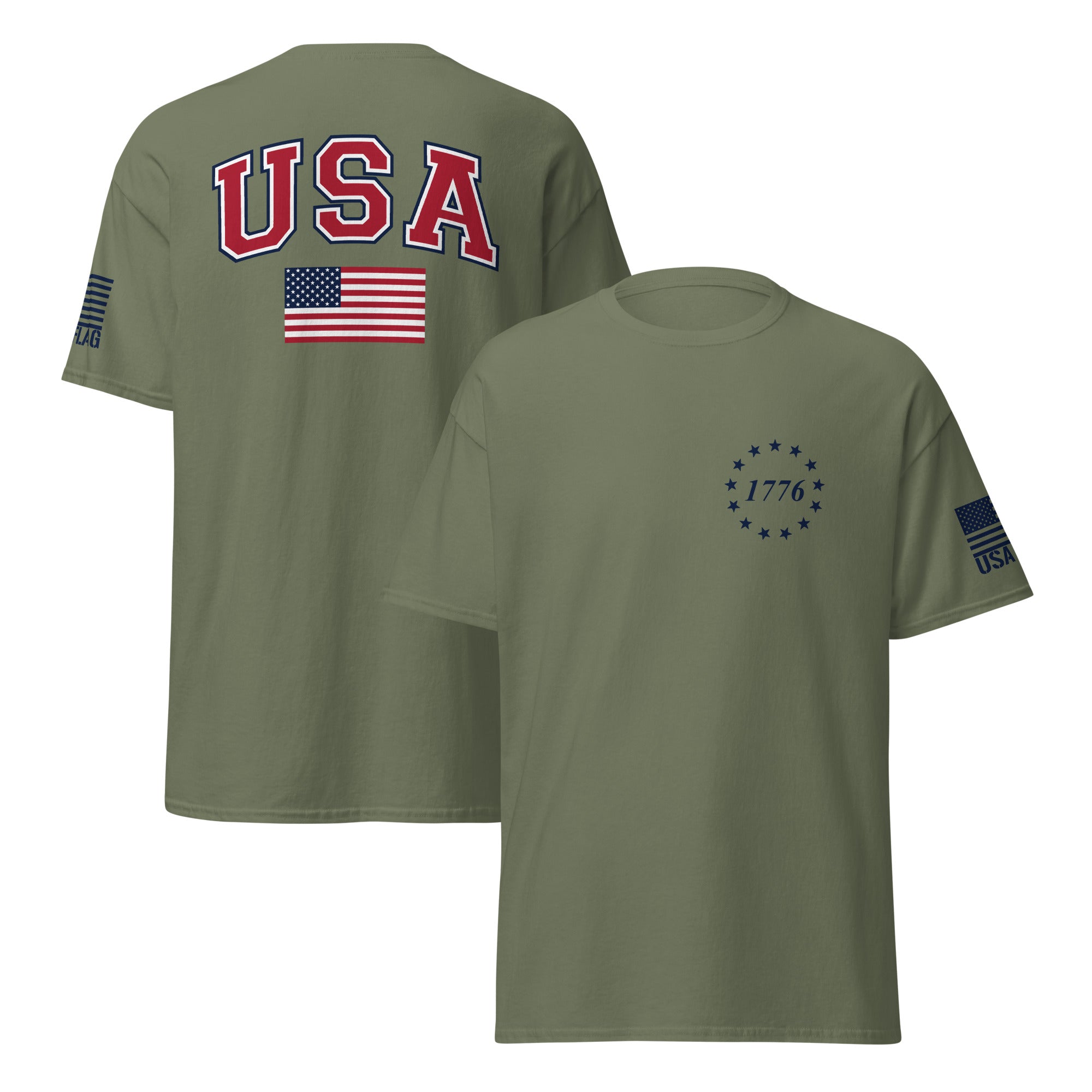 Statement Apparel 1776 American Flag T-Shirt - Heather Military Green, Medium | Patriotic Tee With Stealth Black Flag Design