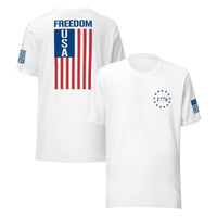 Freedom USA Flag Unisex T-Shirt Back-Side Red and Blue Logo