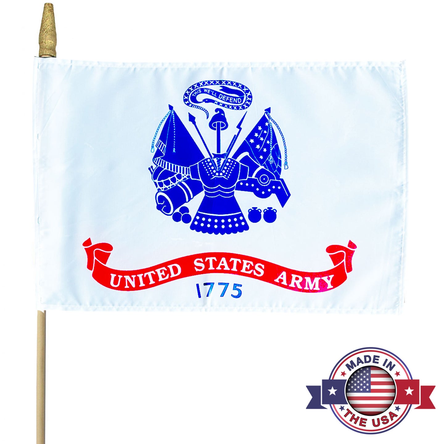 United States Army flag with emblem and 'Made in the USA' stamp on a white background