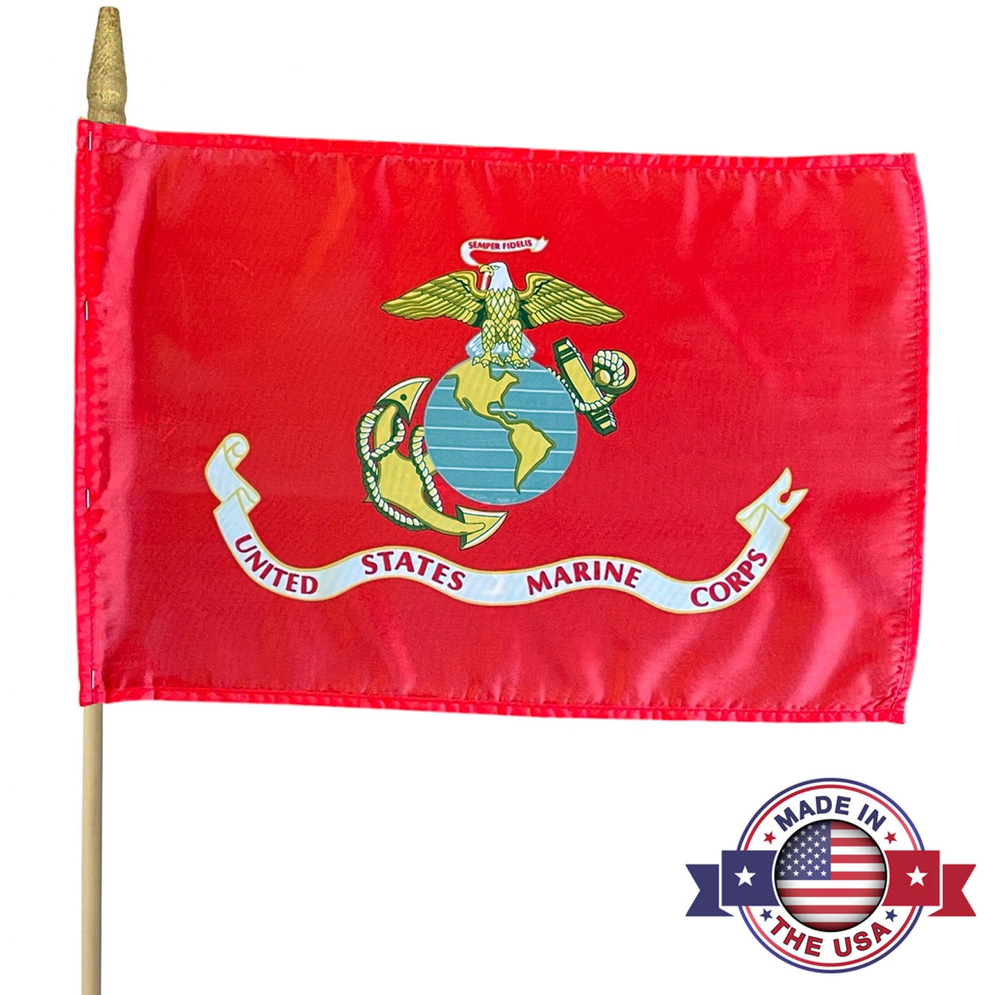 Red flag with U.S. Marine Corps emblem and 'Made in the USA' badge on a white background