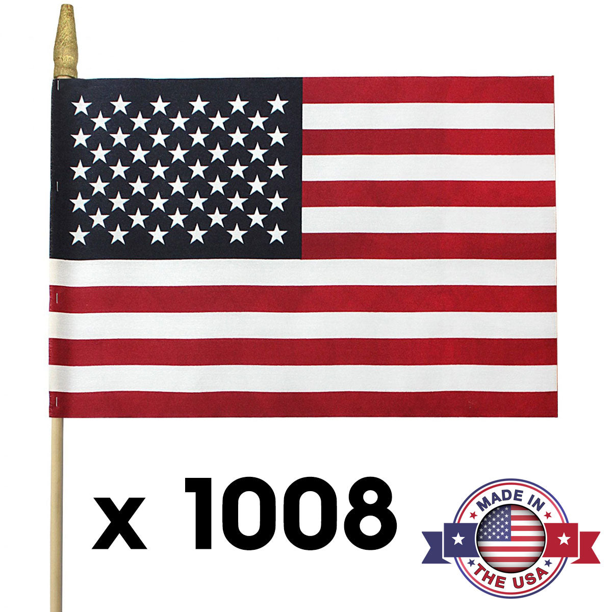 American flag with a wooden stick, quantity text 'x 1008', and 'Made in the USA' badge on a white background.