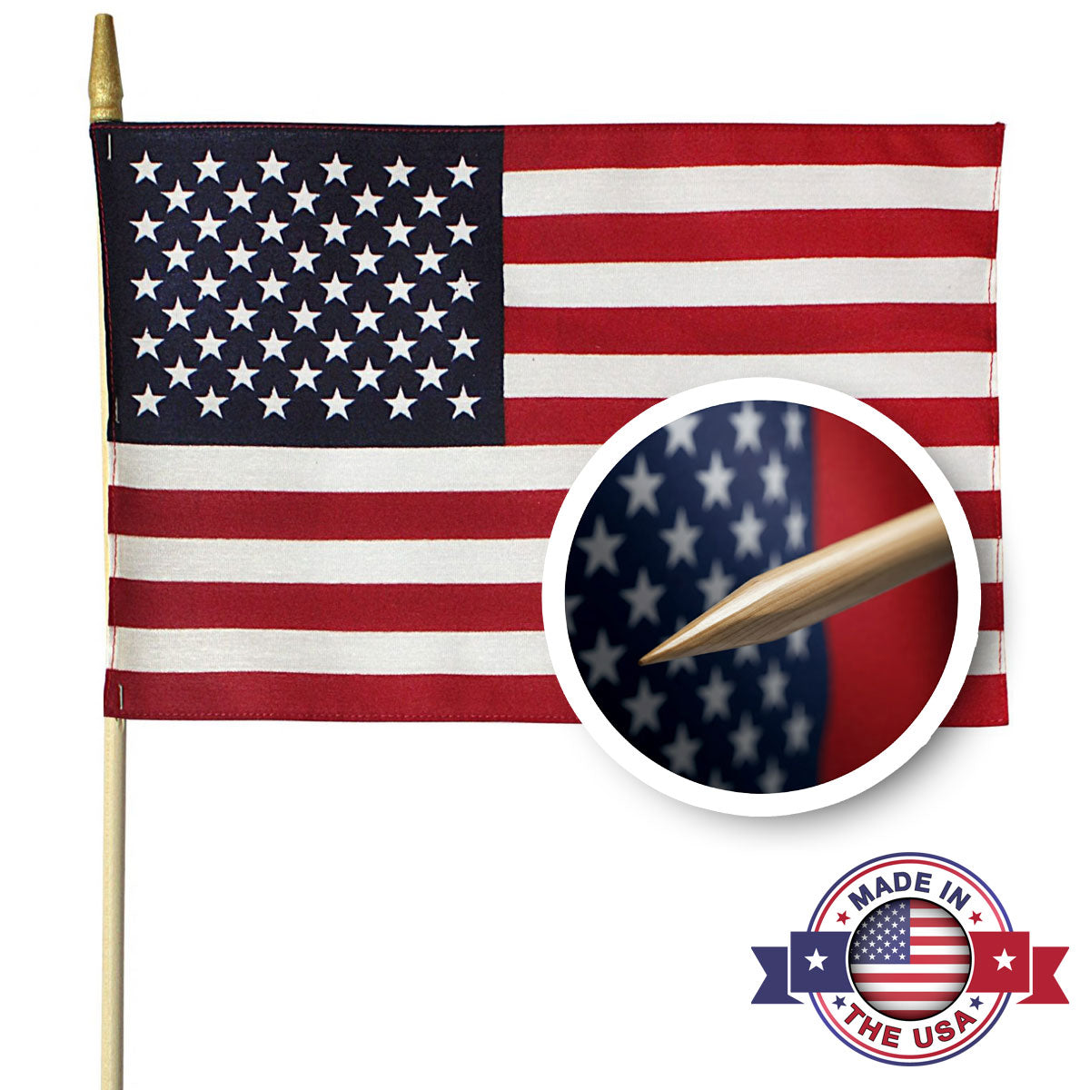 US Stick Flags 8x12 Inch Hemmed Edges (Pointed Bottom) - Flattened Spearhead Tip for Safety