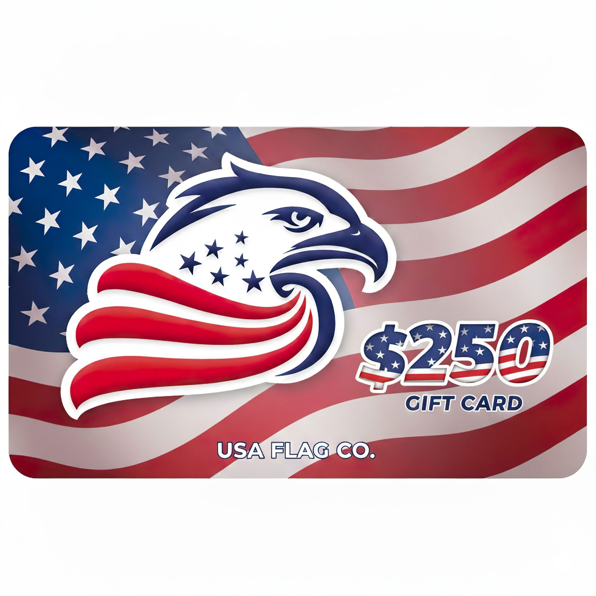USA Flag Co. gift card with eagle design and $250 denomination