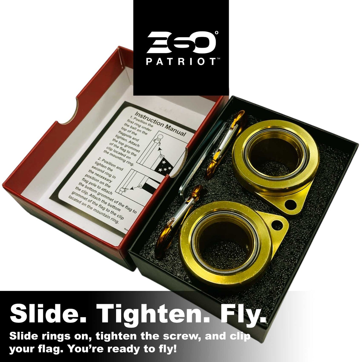 Gold ring components with screw and instruction manual in a box, branded '350 Patriot'.