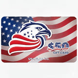 USA Flag Co. gift card with an eagle design on a white background
